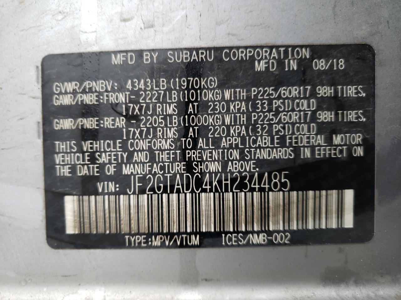 Photo 10 from auction – 2019 SUBARU CROSSTREK with VIN JF2GTADC4KH234485