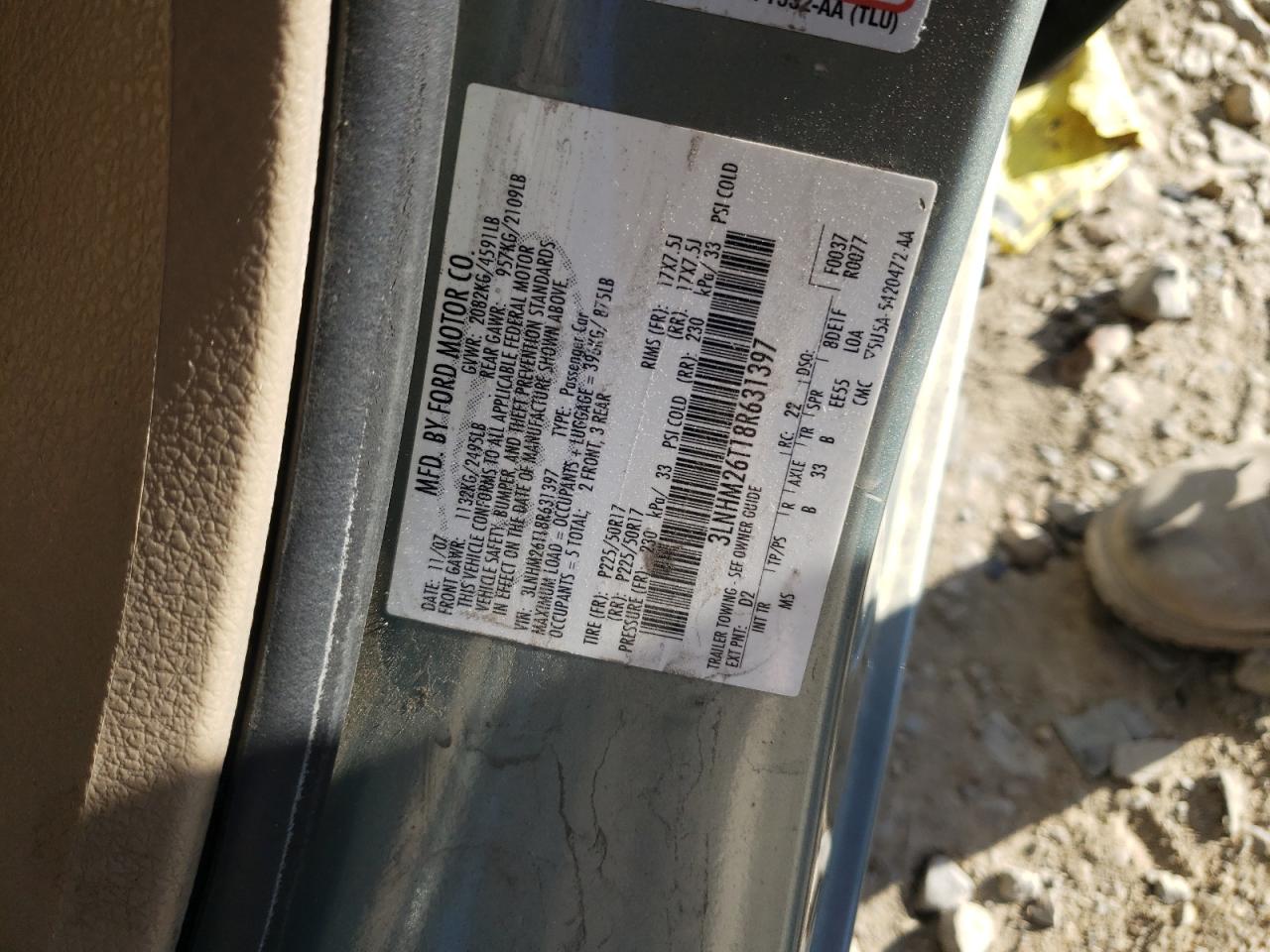 Photo 10 from auction – 2008 LINCOLN MKZ with VIN 3LNHM26T18R631397