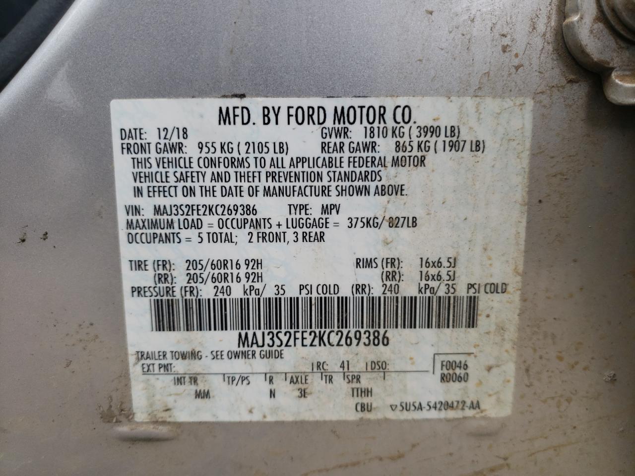 Photo 10 from auction – 2019 FORD ECOSPORT S with VIN MAJ3S2FE2KC269386