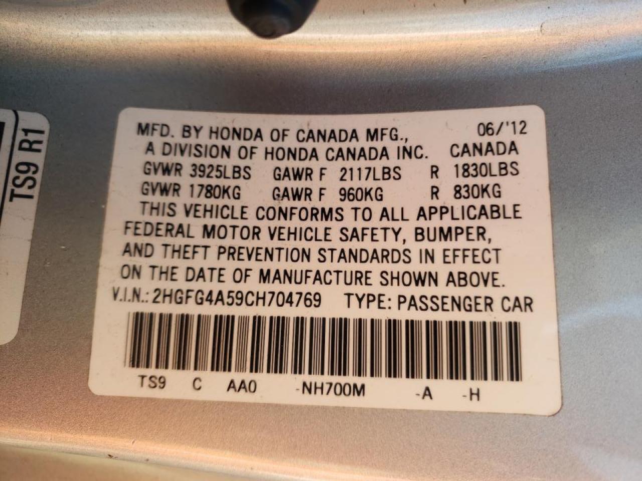 Photo 10 from auction – 2012 HONDA CIVIC SI with VIN 2HGFG4A59CH704769