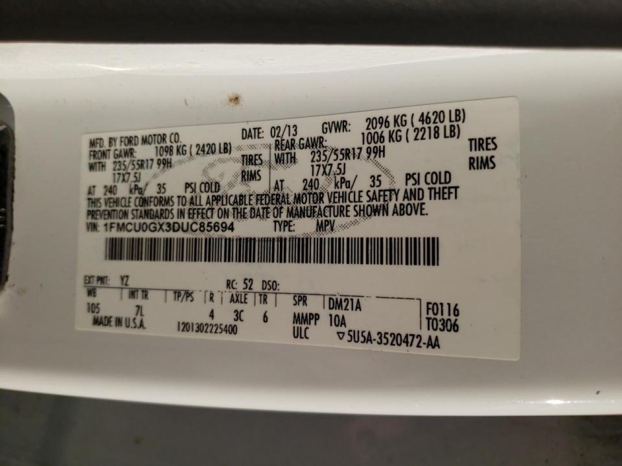 Photo 10 from auction – 2013 FORD ESCAPE SE with VIN 1FMCU0GX3DUC85694