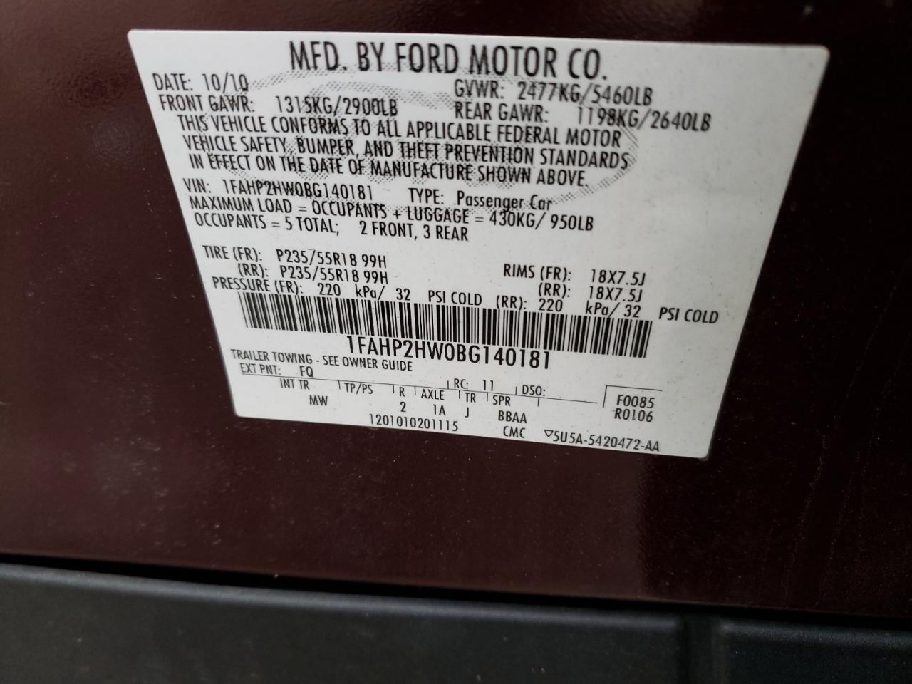 Photo 10 from auction – 2011 FORD TAURUS with VIN 1FAHP2HW0BG140181