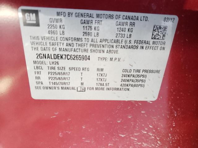 Photo 10 from auction – 2012 CHEVROLET EQUINOX LT with VIN 2GNALDEK7C6265904