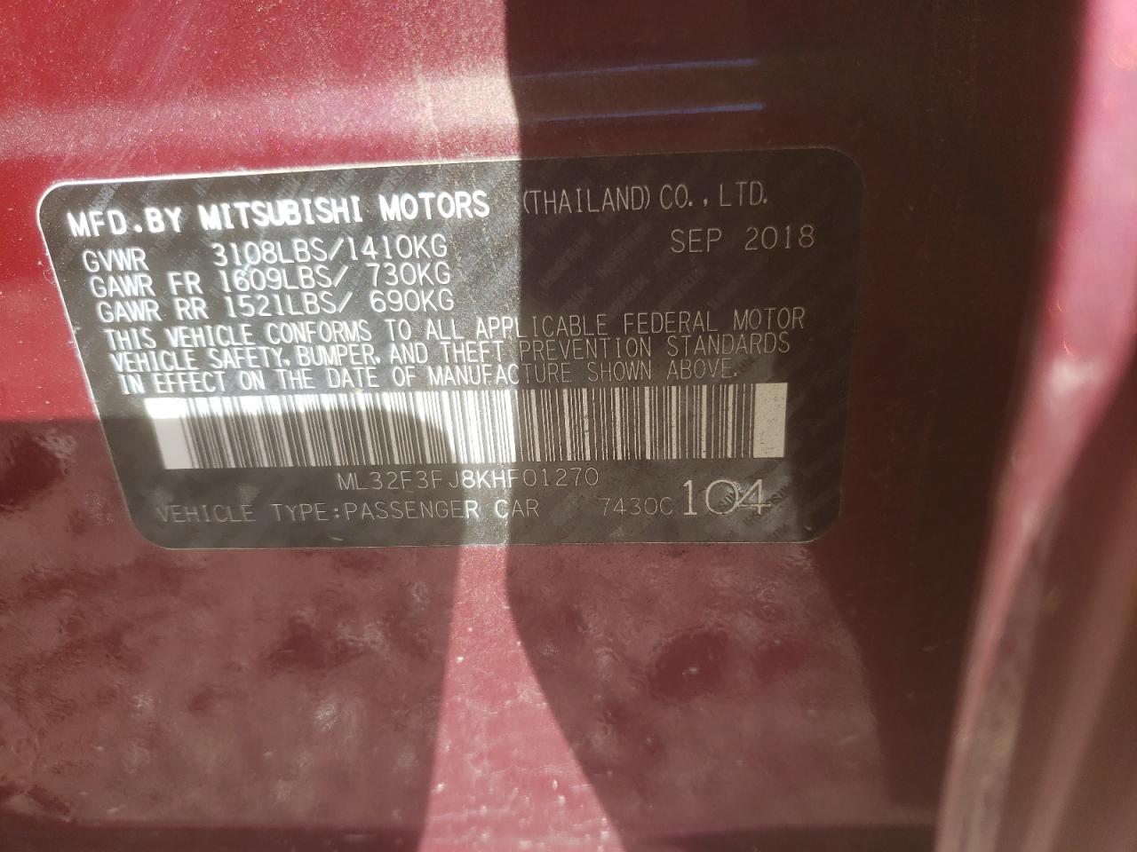 Photo 10 from auction – 2019 MITSUBISHI MIRAGE G4 with VIN ML32F3FJ8KHF01270