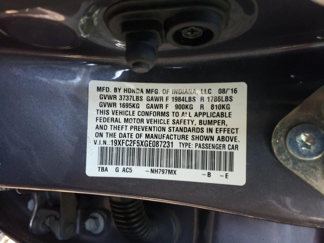 Photo 10 from auction – 2016 HONDA CIVIC LX with VIN 19XFC2F5XGE087231