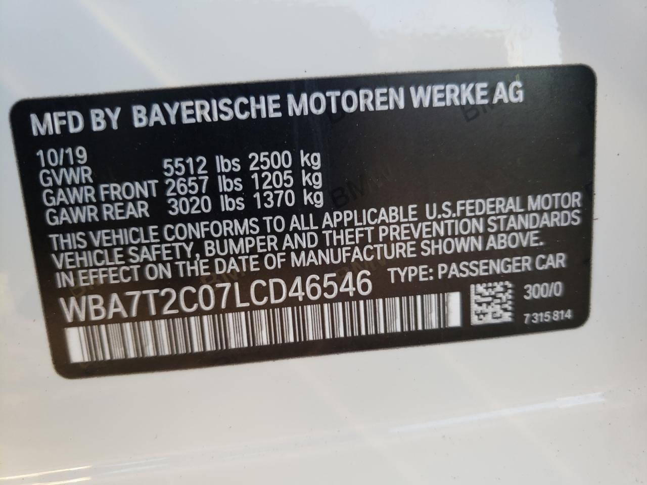 Photo 10 from auction – 2020 BMW 740 I with VIN WBA7T2C07LCD46546
