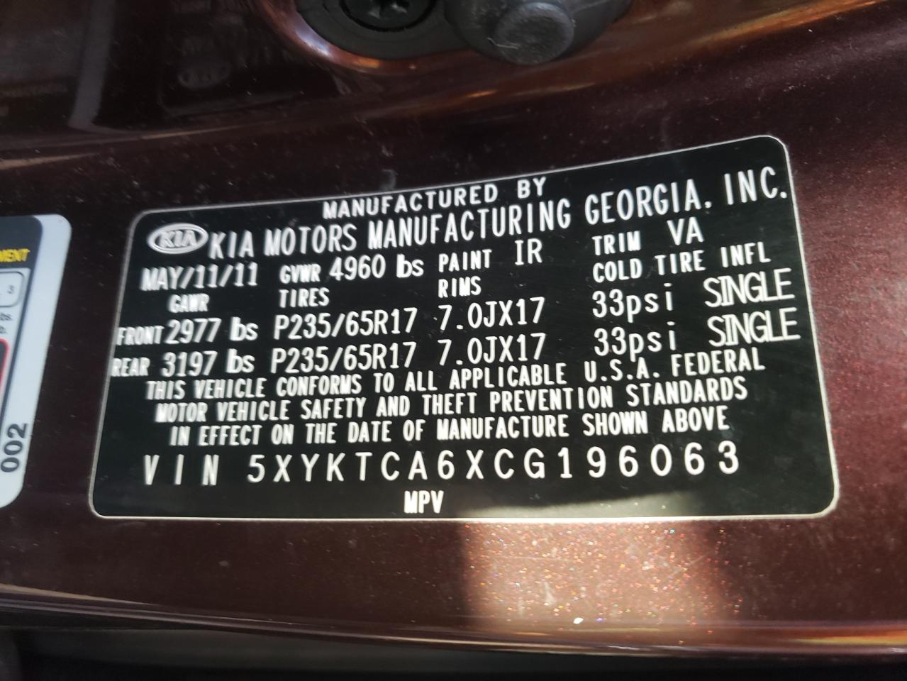 Photo 10 from auction – 2012 KIA SORENTO BA with VIN 5XYKTCA6XCG196063