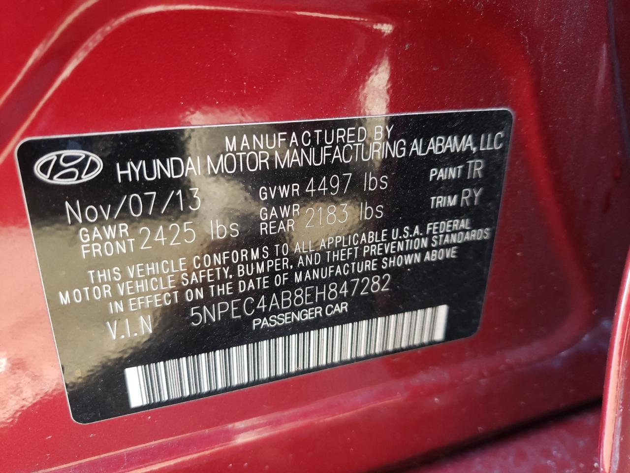 Photo 10 from auction – 2014 HYUNDAI SONATA SE with VIN 5NPEC4AB8EH847282