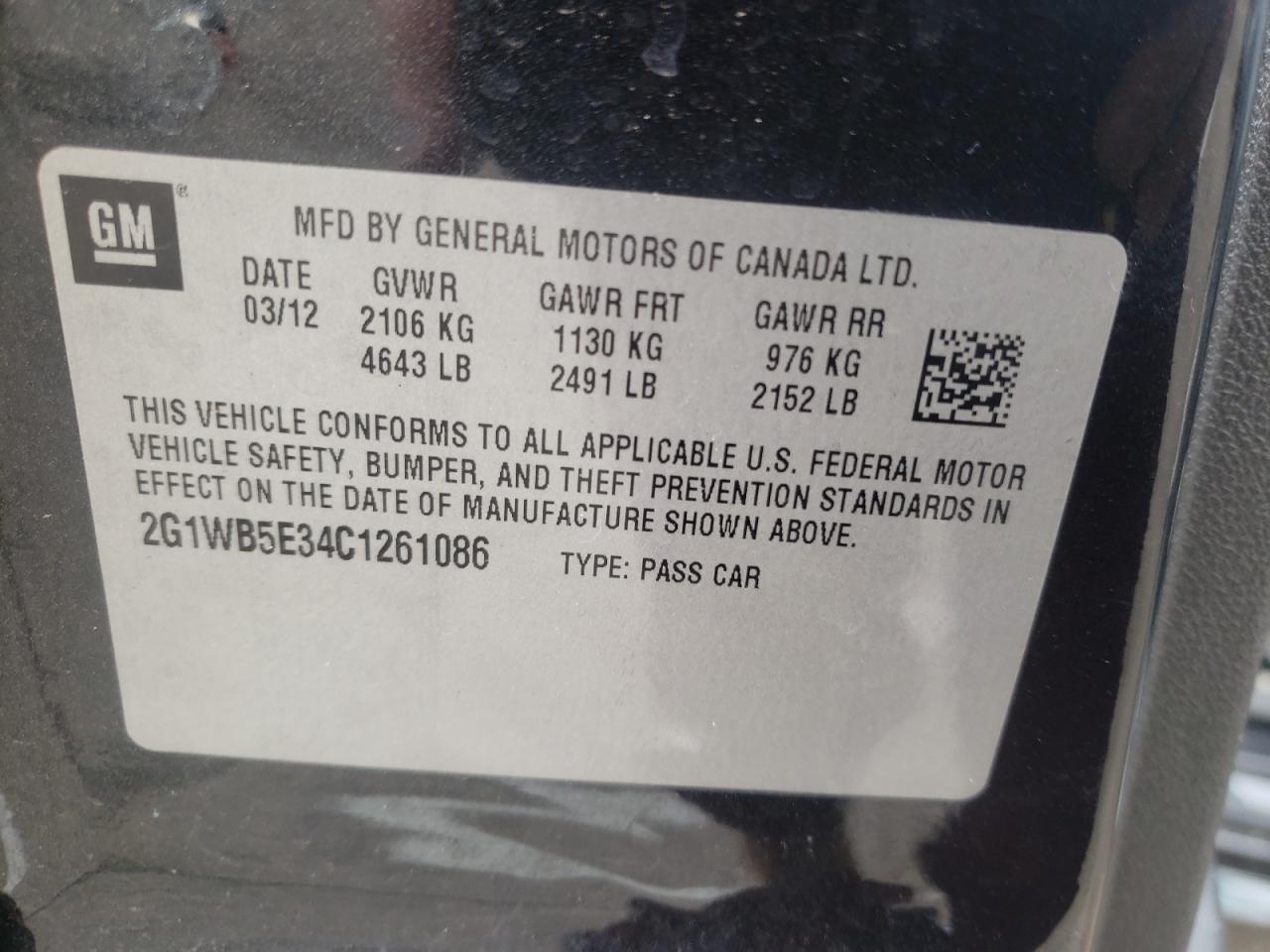 Photo 10 from auction – 2012 CHEVROLET IMPALA LT with VIN 2G1WB5E34C1261086