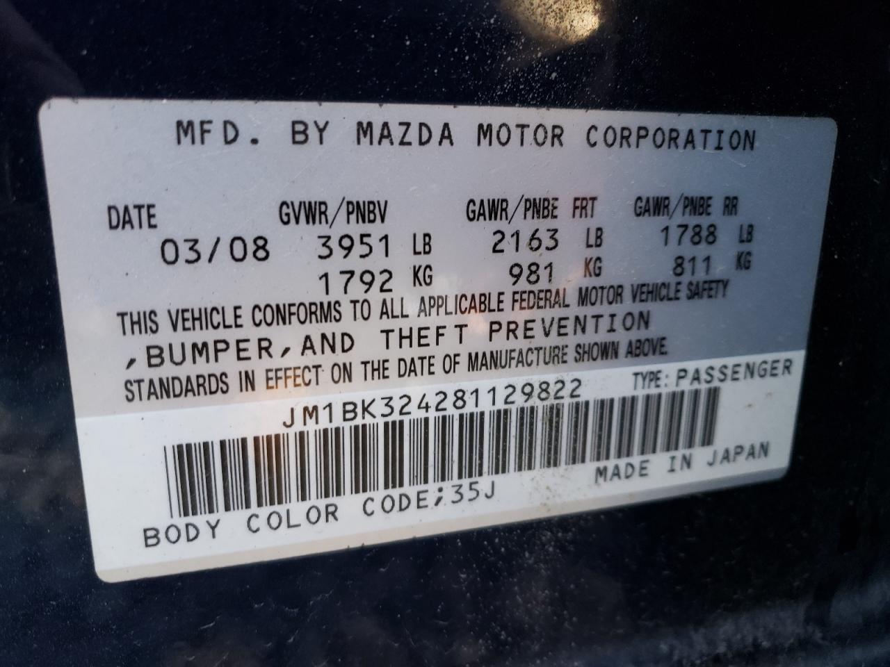 Photo 10 from auction – 2008 MAZDA 3 S with VIN JM1BK324281129822