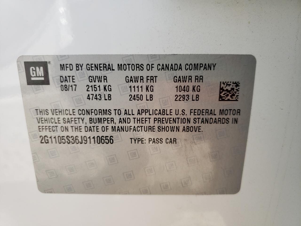 Photo 10 from auction – 2018 CHEVROLET IMPALA LT with VIN 2G1105S36J9110656