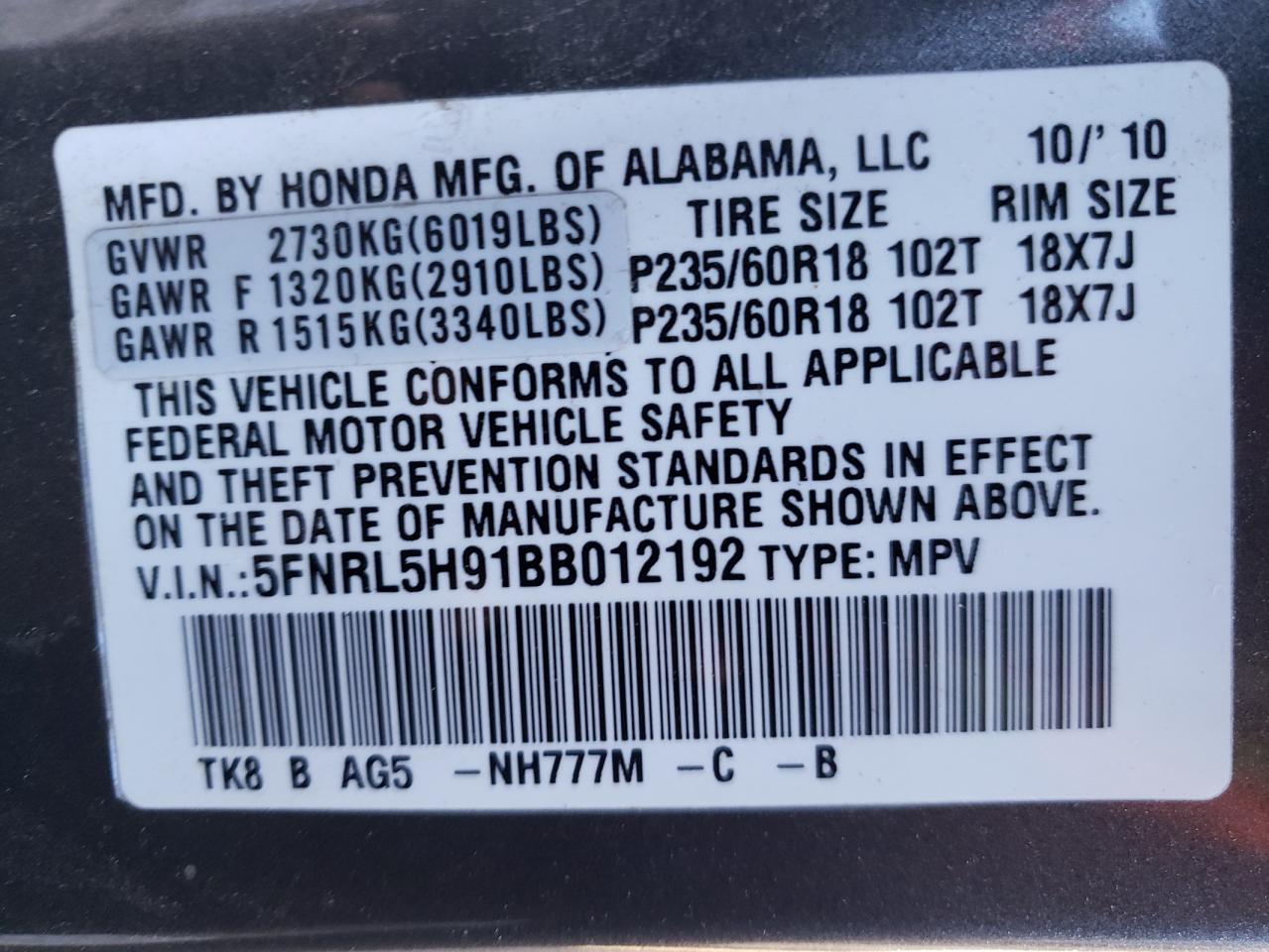 Photo 10 from auction – 2011 HONDA ODYSSEY TO with VIN 5FNRL5H91BB012192