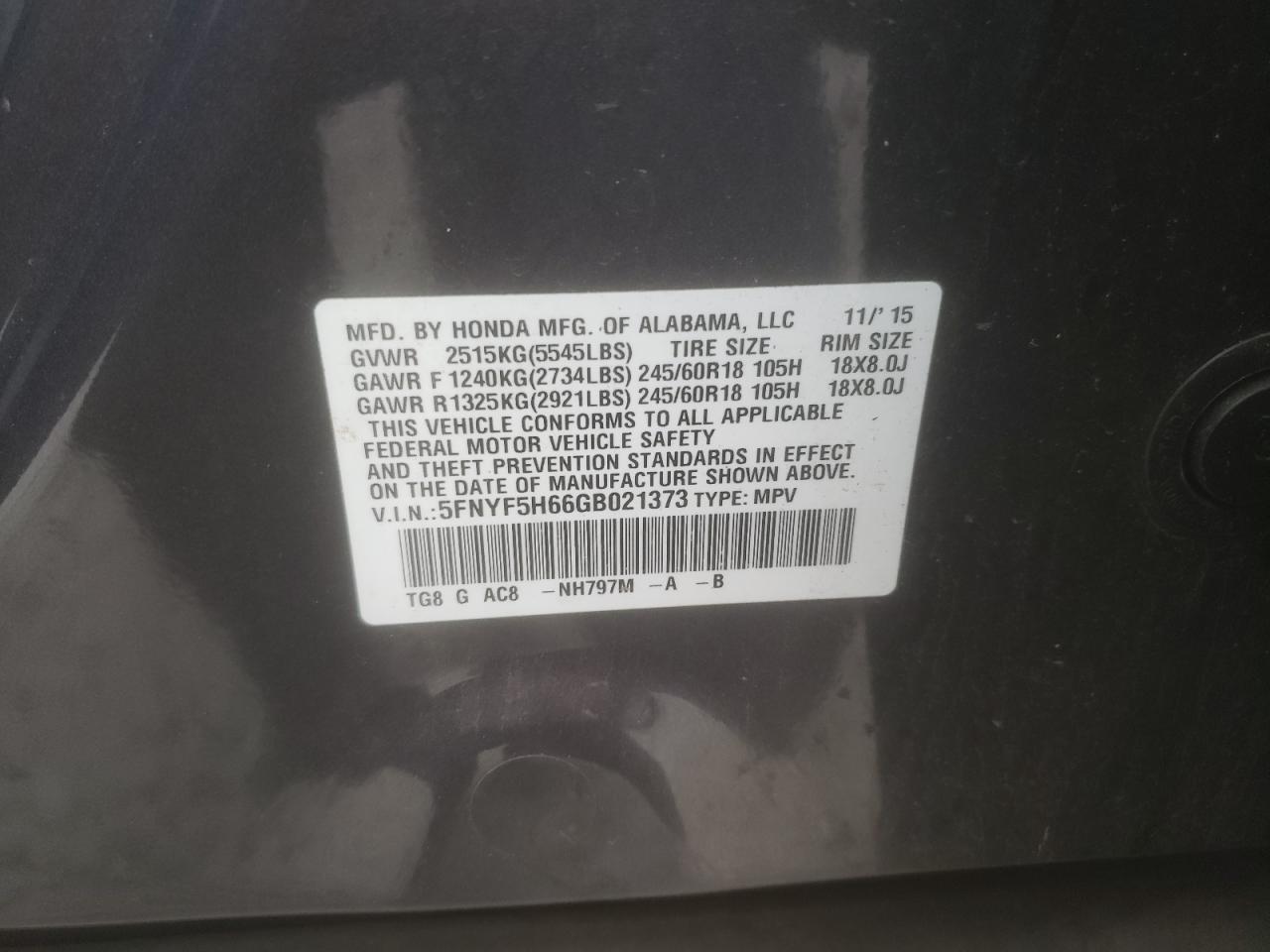 Photo 10 from auction – 2016 HONDA PILOT EXL with VIN 5FNYF5H66GB021373