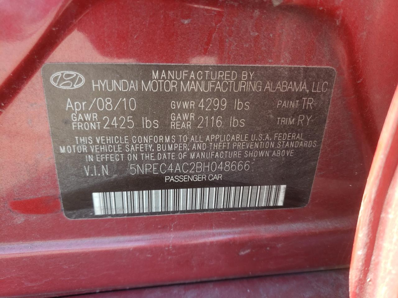 Photo 10 from auction – 2011 HYUNDAI SONATA with VIN 5NPEC4AC2BH048666