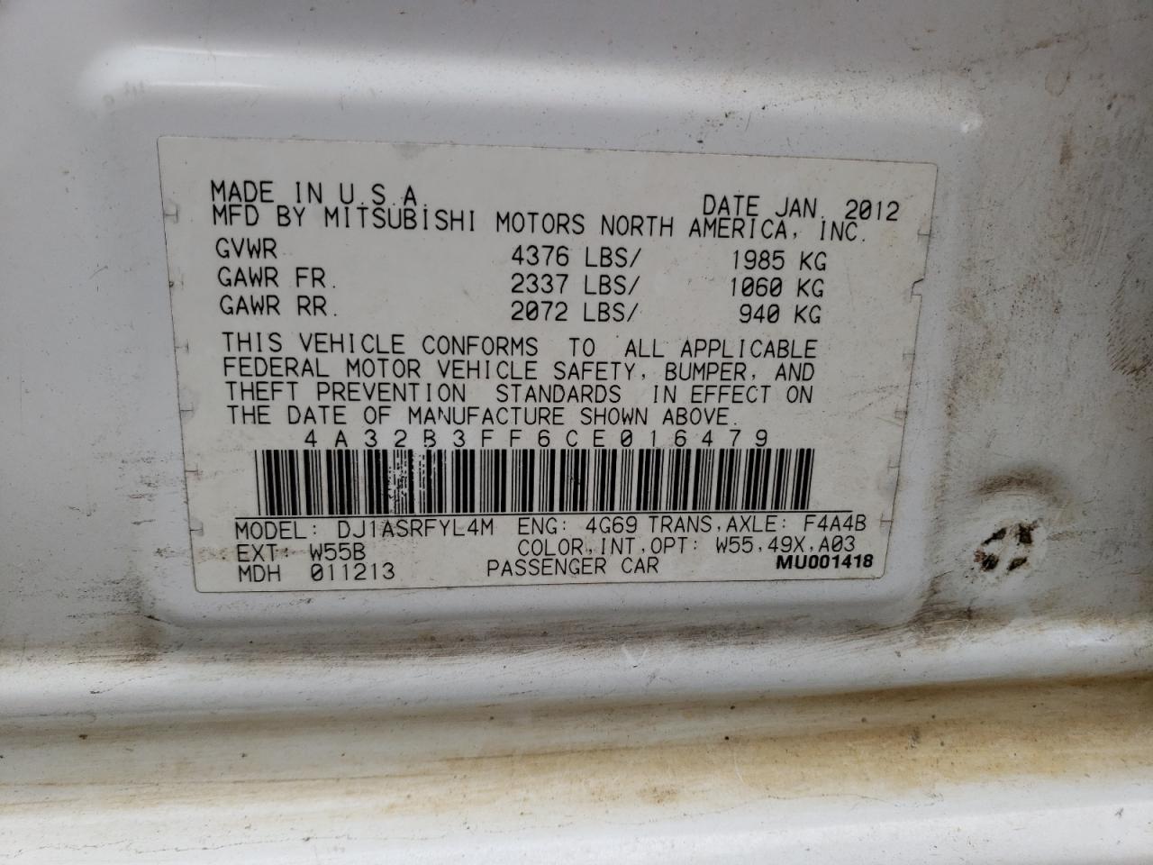 صورة رقم 10 من المزاد - 2012 MITSUBISHI GALANT ES مع VIN 4A32B3FF6CE016479