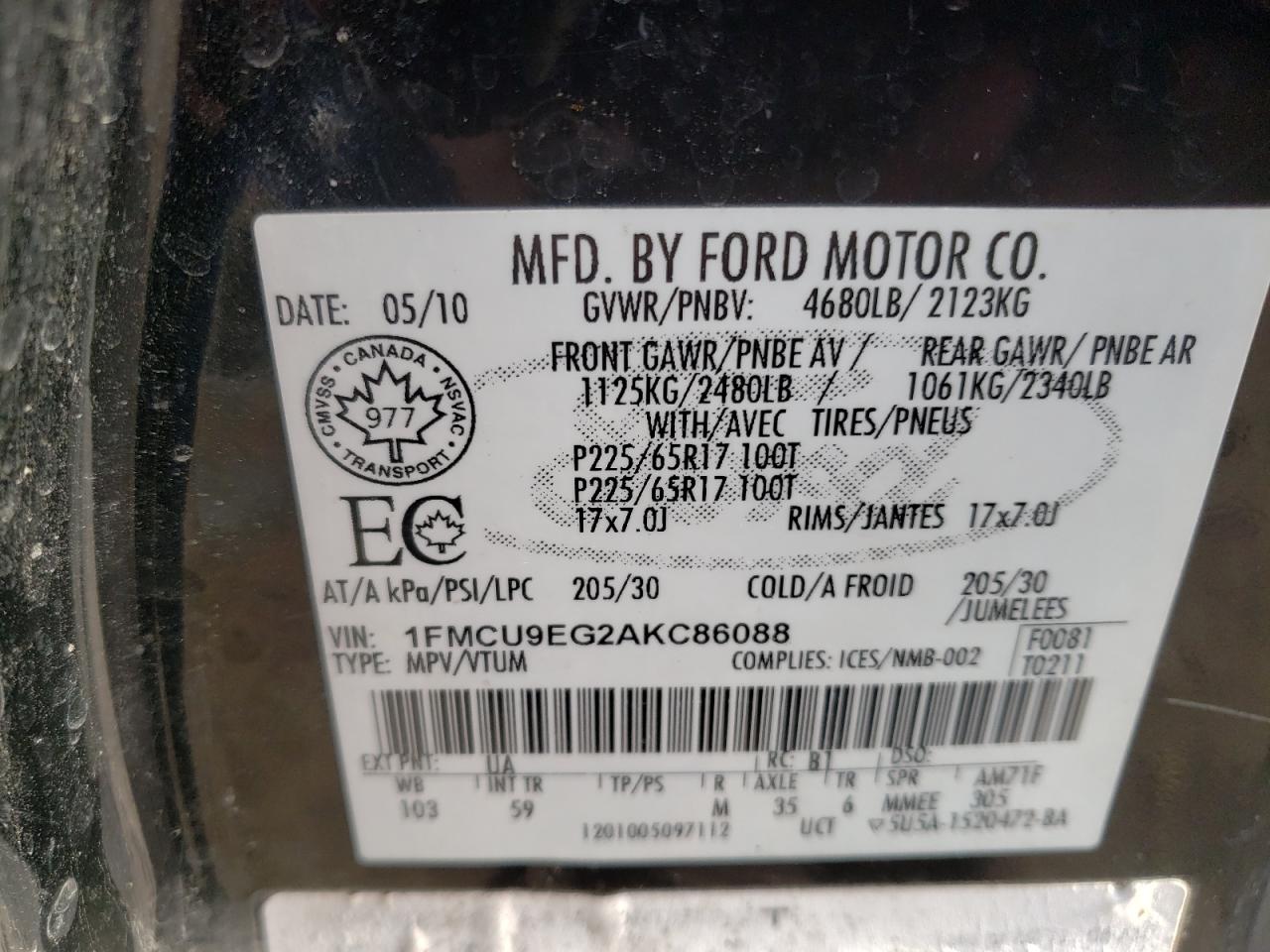 Photo 10 from auction – 2010 FORD ESCAPE LIM with VIN 1FMCU9EG2AKC86088