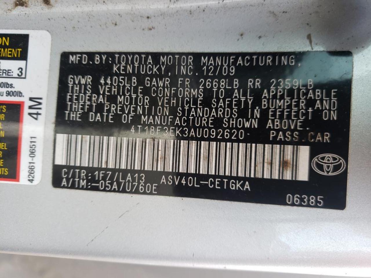 Photo 10 from auction – 2010 TOYOTA CAMRY BASE with VIN 4T1BF3EK3AU092620