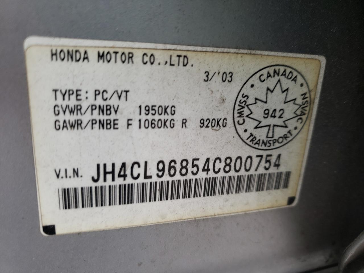 Photo 10 from auction – 2004 ACURA TSX with VIN JH4CL96854C800754