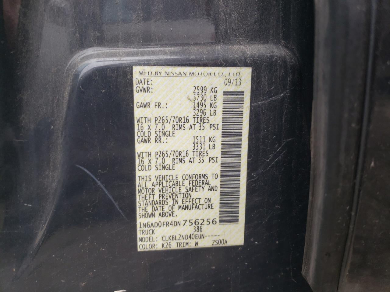 Photo 10 from auction – 2013 NISSAN FRONTIER S with VIN 1N6AD0FR4DN756256