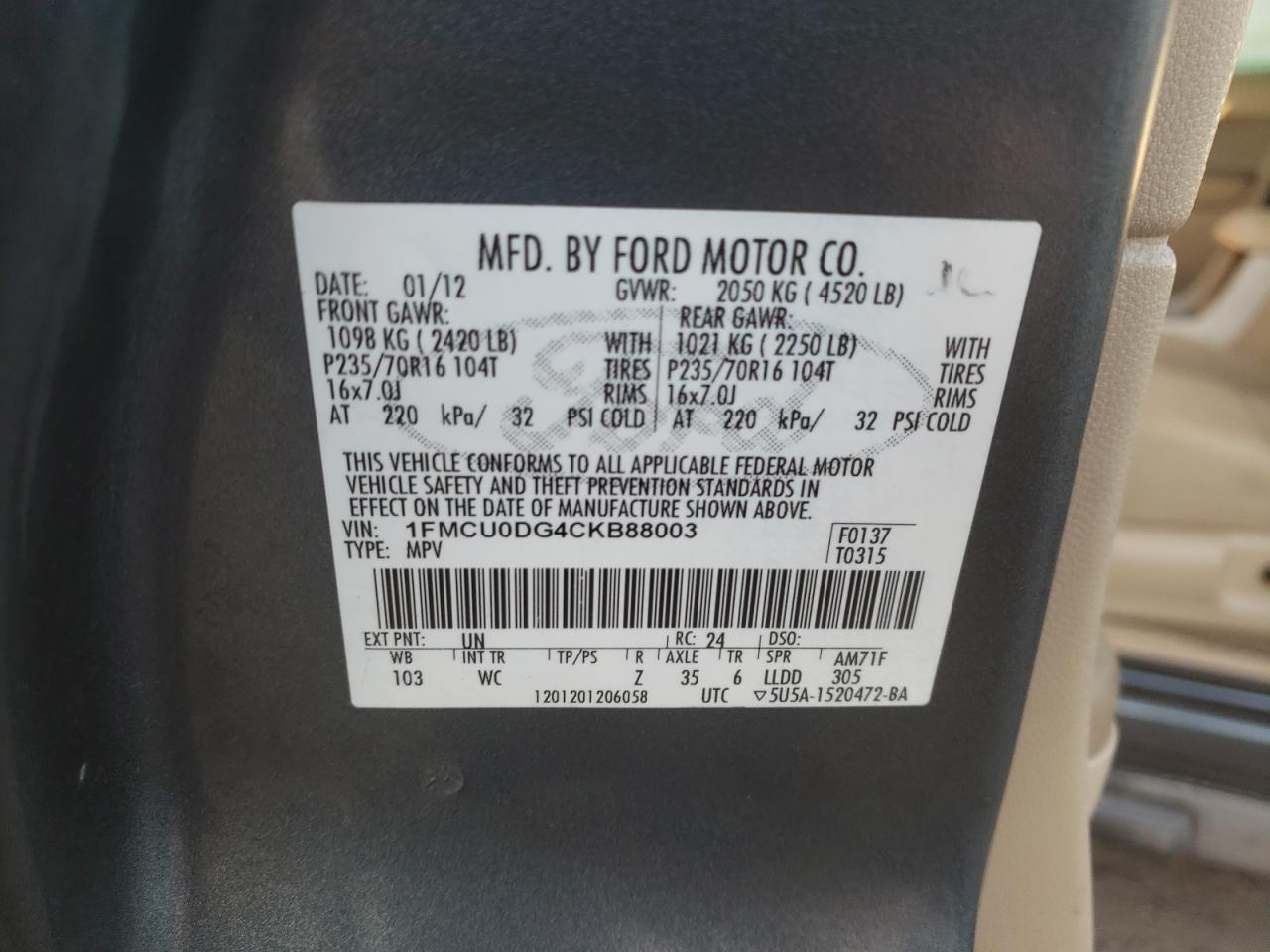 Foto 10 de la subasta – 2012 FORD ESCAPE XLT con VIN 1FMCU0DG4CKB88003