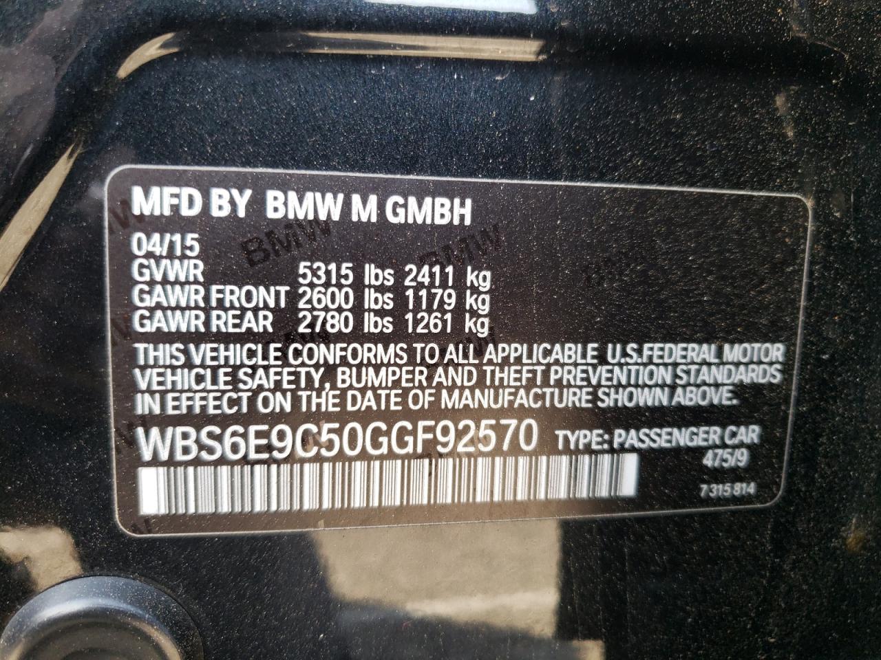 Photo 10 from auction – 2016 BMW M6 GRAN CO with VIN WBS6E9C50GGF92570