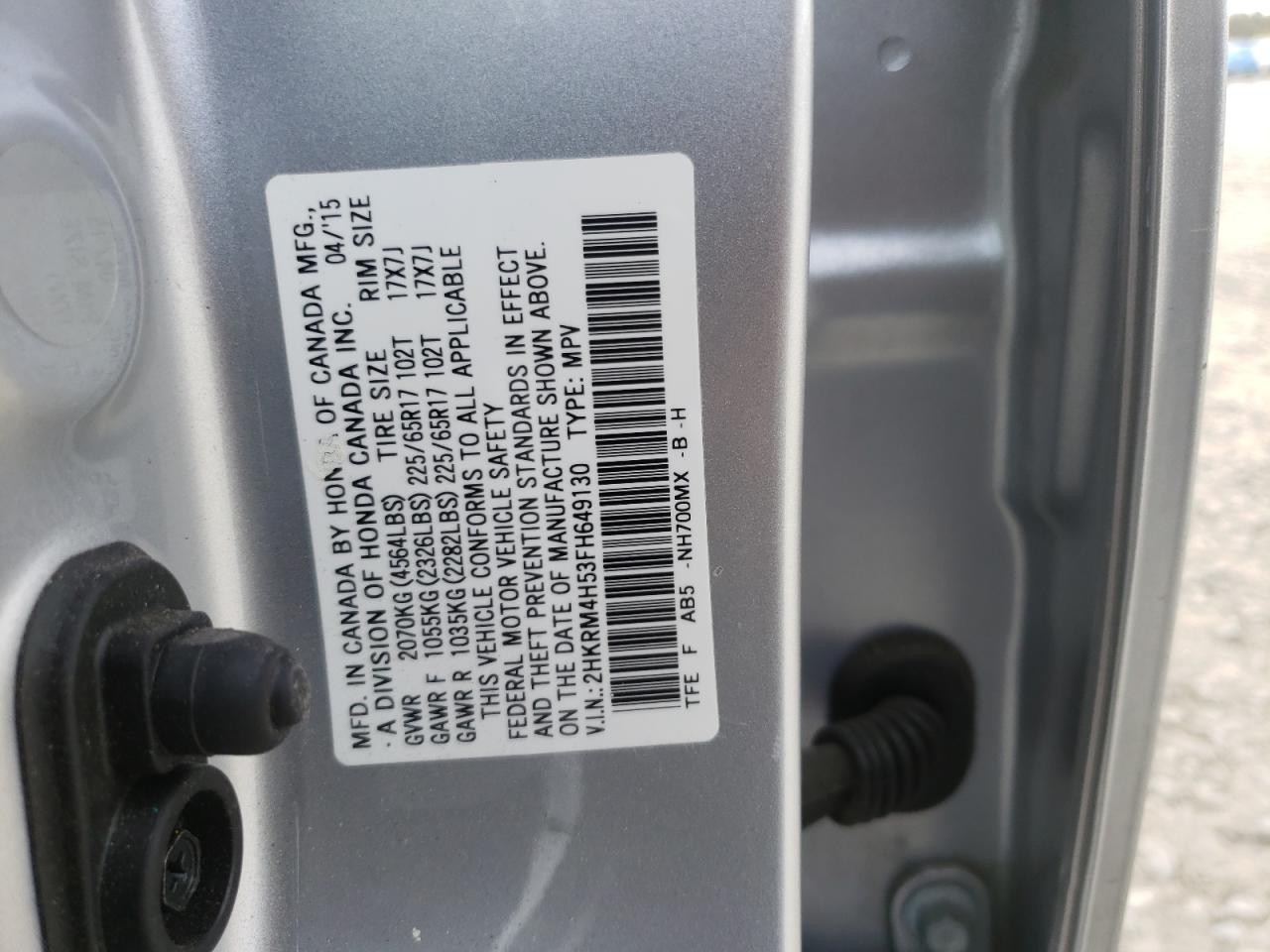 Photo 10 from auction – 2015 HONDA CR-V EX with VIN 2HKRM4H53FH649130