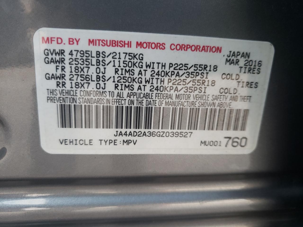 Photo 10 from auction – 2016 MITSUBISHI OUTLANDER with VIN JA4AD2A36GZ039527