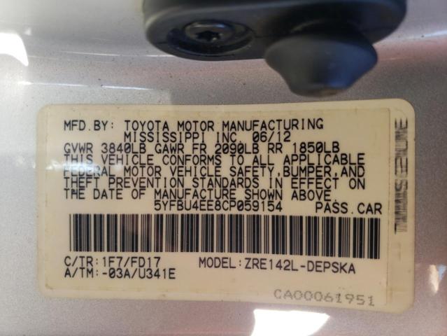 Photo 10 from auction – 2012 TOYOTA COROLLA BA with VIN 5YFBU4EE8CP059154