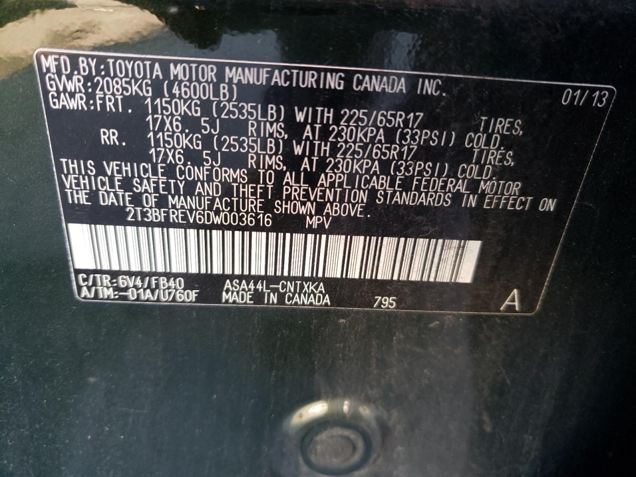 Photo 10 from auction – 2013 TOYOTA RAV4 LE with VIN 2T3BFREV6DW003616