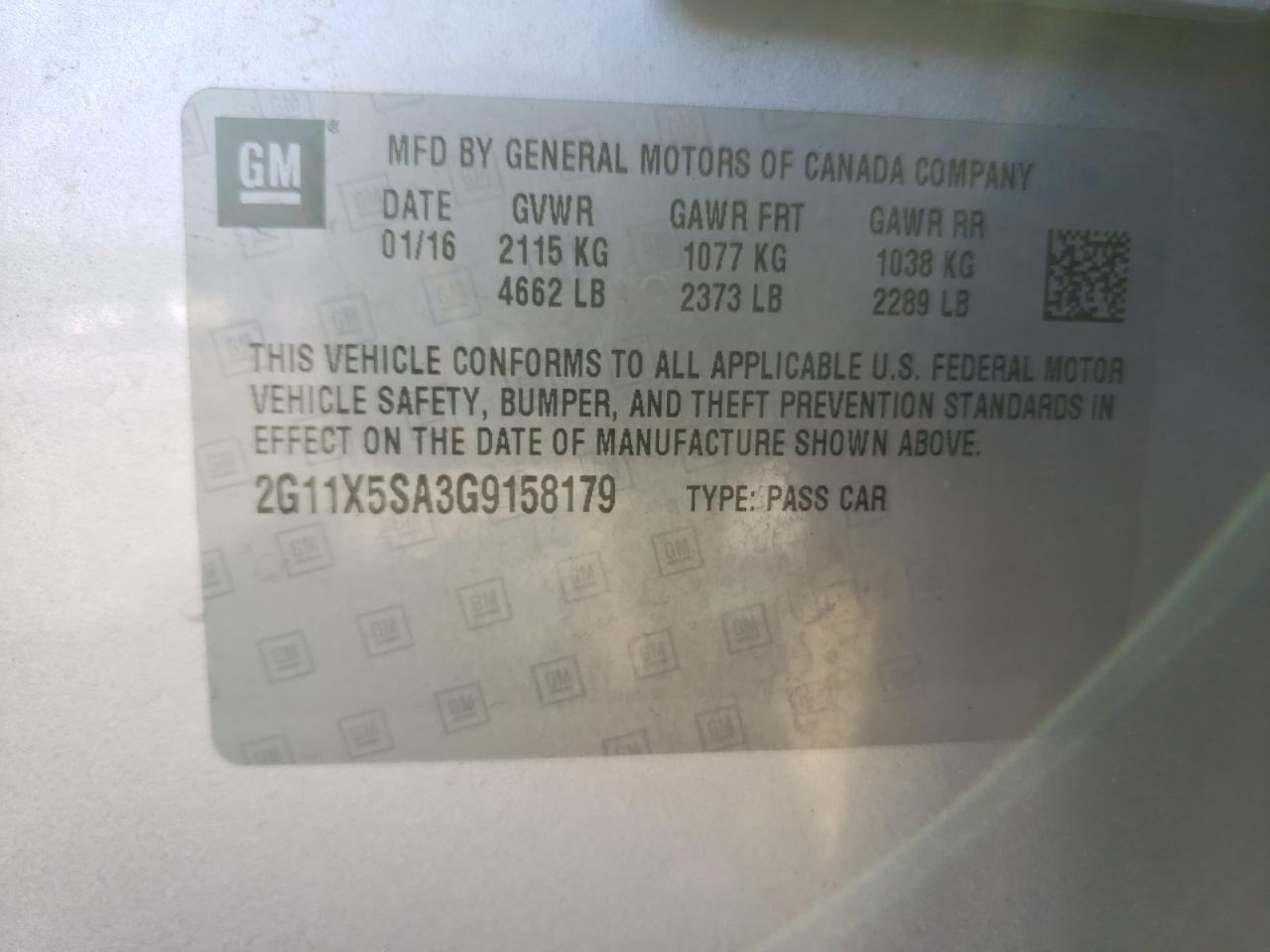 Photo 10 from auction – 2016 CHEVROLET IMPALA LS with VIN 2G11X5SA3G9158179
