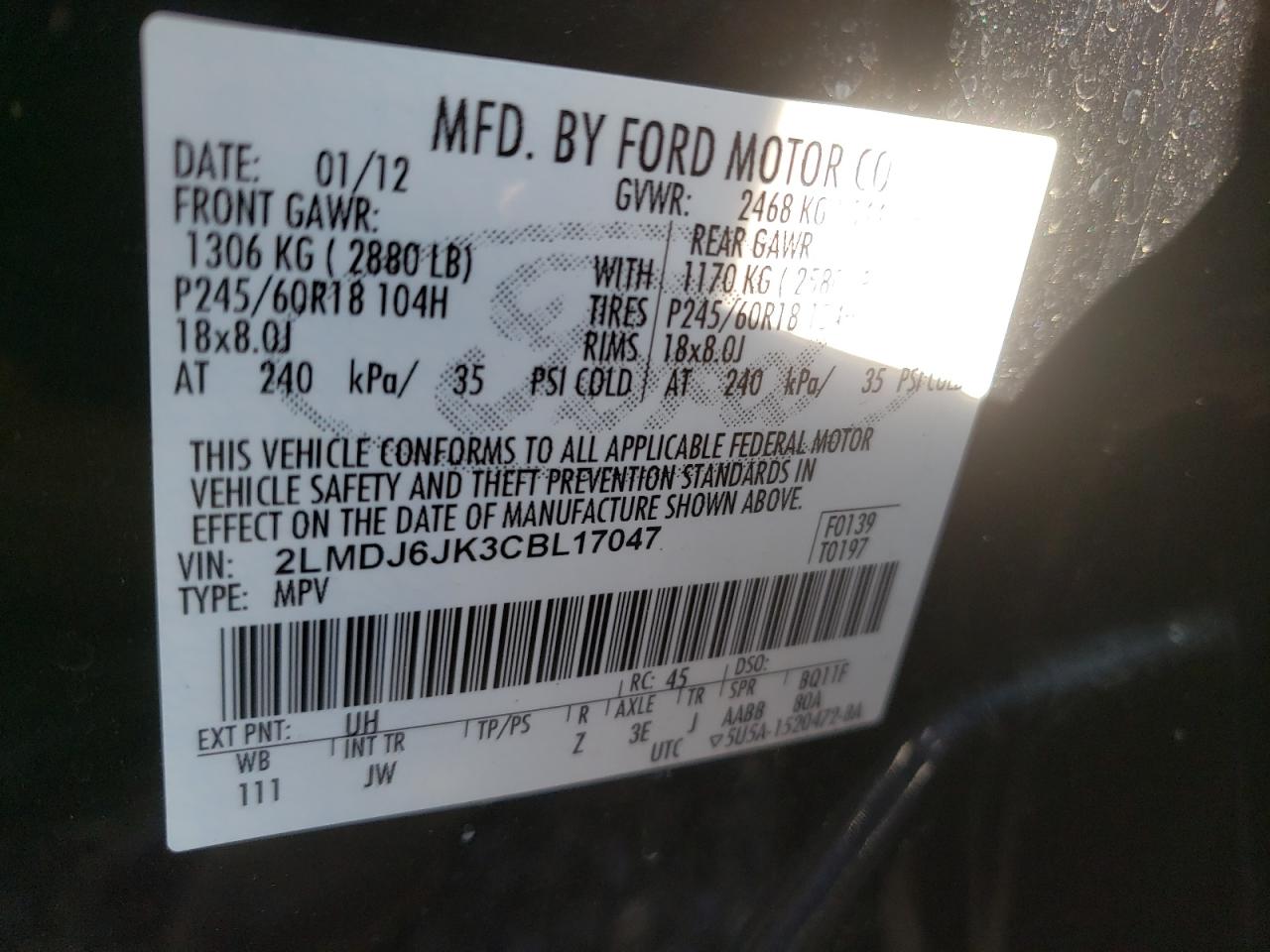 Photo 10 from auction – 2012 LINCOLN MKX with VIN 2LMDJ6JK3CBL17047
