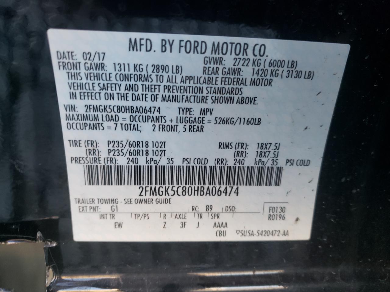 Photo 10 from auction – 2017 FORD FLEX SEL with VIN 2FMGK5C80HBA06474