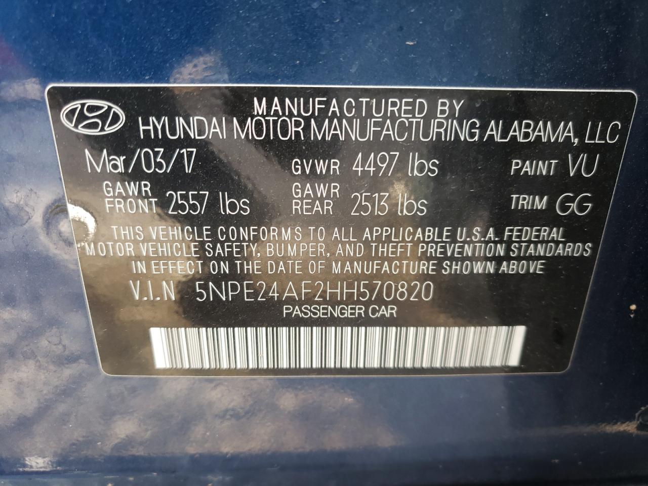 Photo 10 from auction – 2017 HYUNDAI SONATA SE with VIN 5NPE24AF2HH570820