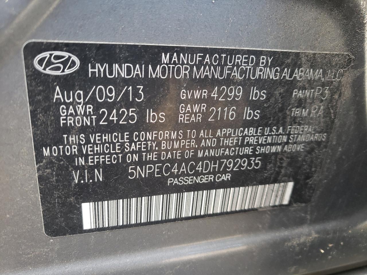 Photo 10 from auction – 2013 HYUNDAI SONATA with VIN 5NPEC4AC4DH792935