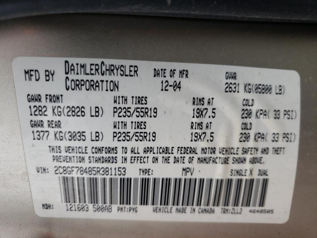 Photo 10 from auction – 2005 CHRYSLER PACIFICA L with VIN 2C8GF78485R381153