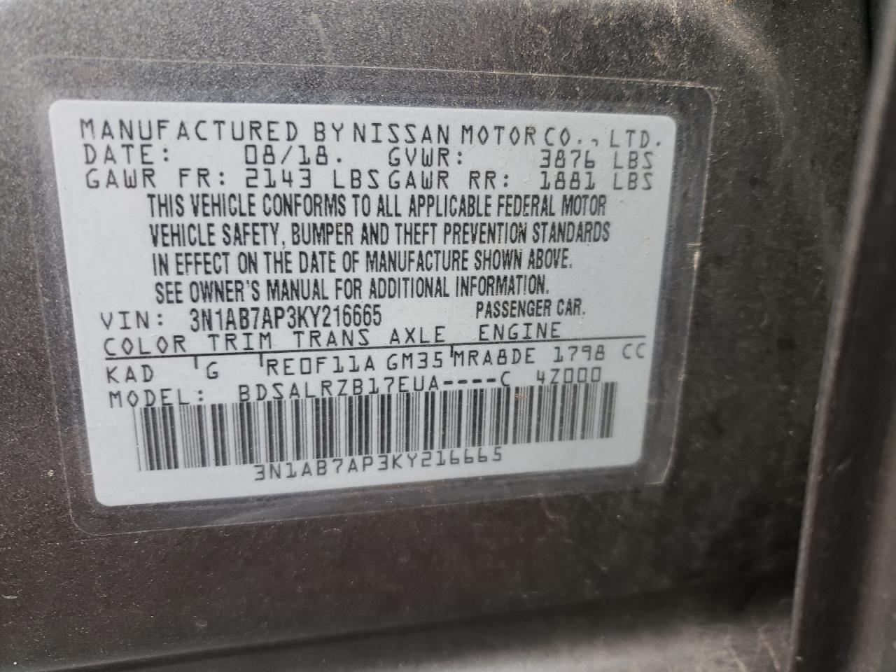 Photo 10 from auction – 2019 NISSAN SENTRA with VIN 3N1AB7AP3KY216665