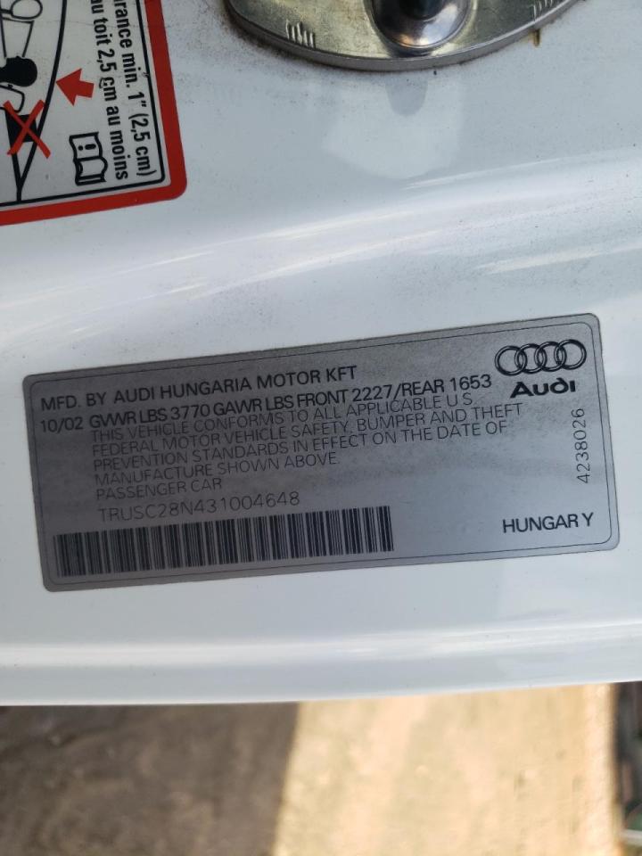 Photo 10 from auction – 2003 AUDI TT with VIN TRUSC28N431004648