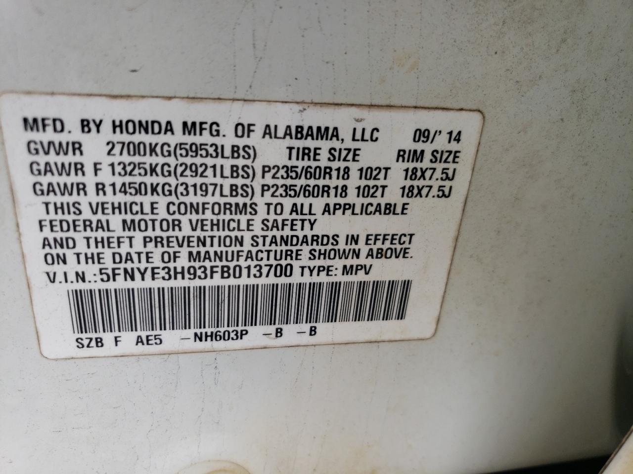 Photo 10 from auction – 2015 HONDA PILOT TOUR with VIN 5FNYF3H93FB013700