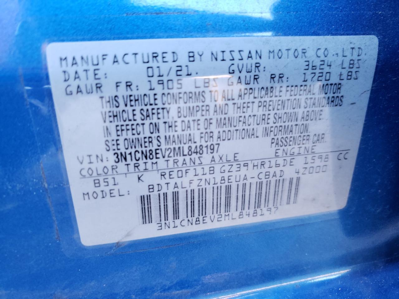 Photo 10 from auction – 2021 NISSAN VERSA SV with VIN 3N1CN8EV2ML848197