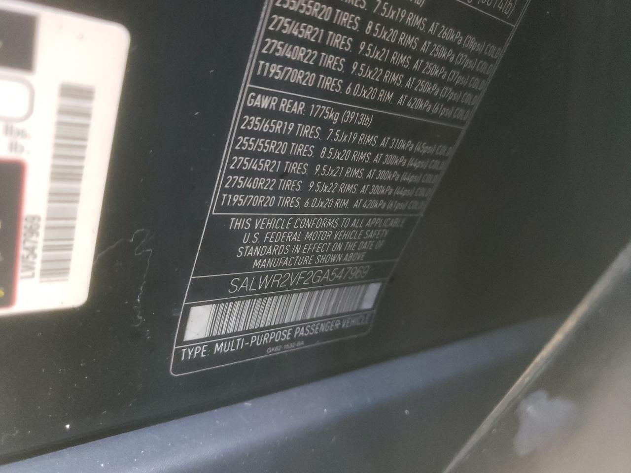 Photo 10 from auction – 2016 LAND ROVER RANGE ROVE with VIN SALWR2VF2GA547969