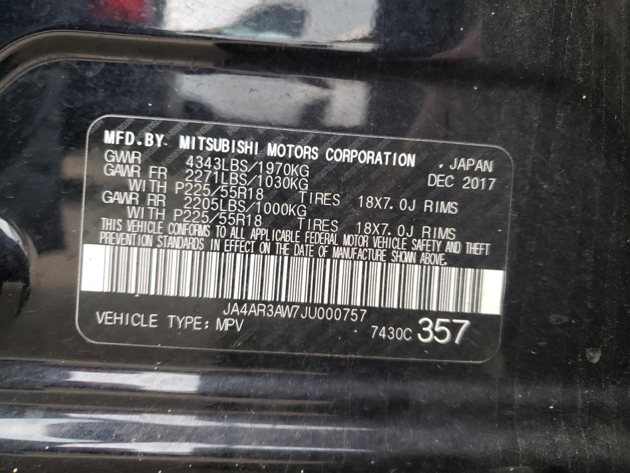 Photo 10 from auction – 2018 MITSUBISHI OUTLANDER with VIN JA4AR3AW7JU000757
