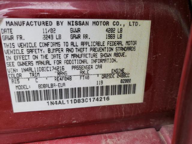 Photo 10 from auction – 2003 NISSAN ALTIMA BAS with VIN 1N4AL11D83C174216