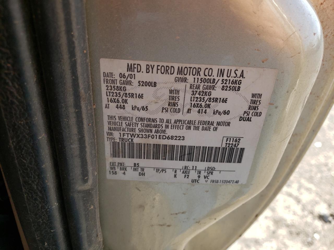Photo 10 from auction – 2001 FORD F350 SUPER with VIN 1FTWX33F01ED68223