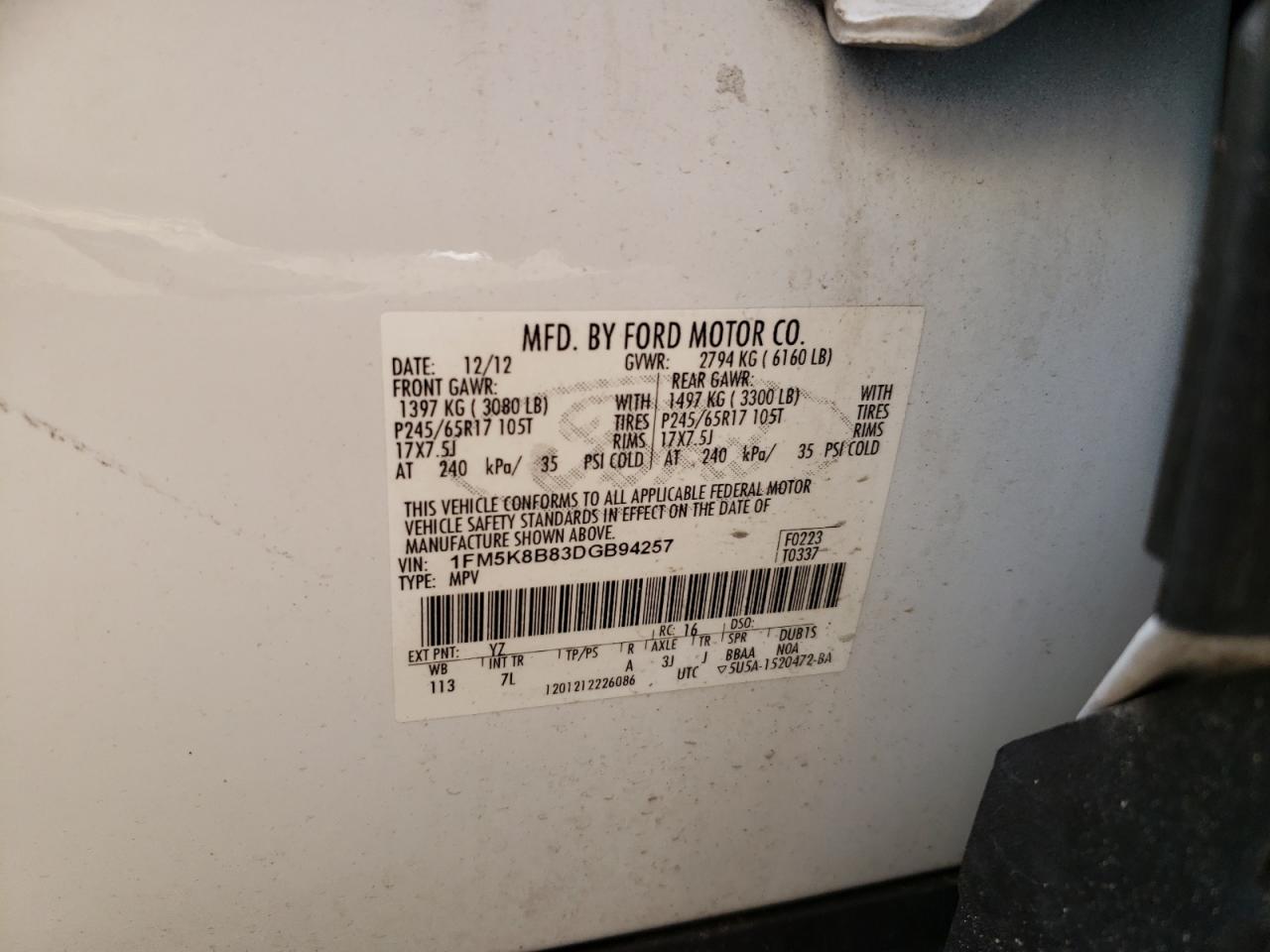 Photo 10 from auction – 2013 FORD EXPLORER with VIN 1FM5K8B83DGB94257
