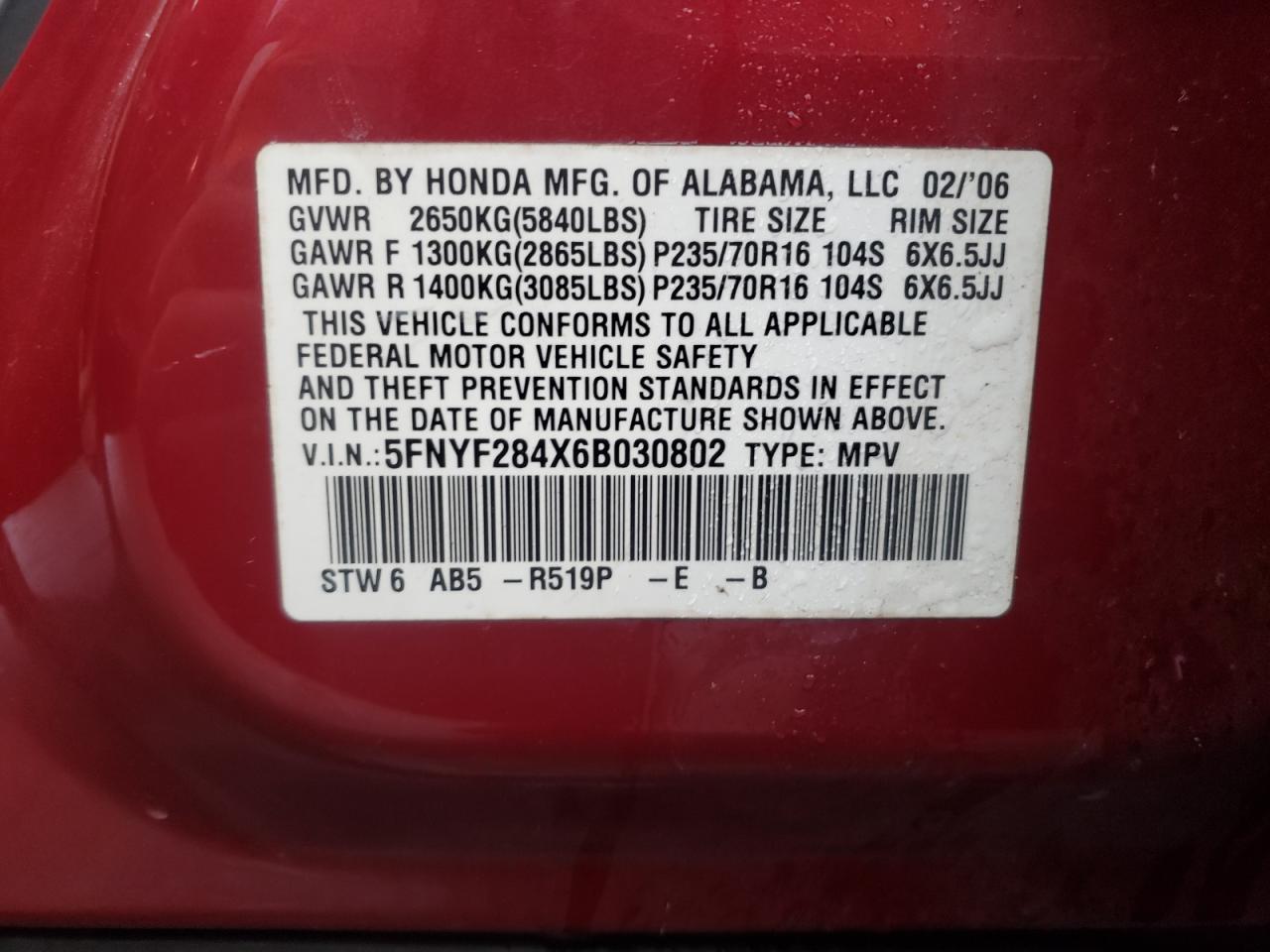 Photo 10 from auction – 2006 HONDA PILOT EX with VIN 5FNYF284X6B030802