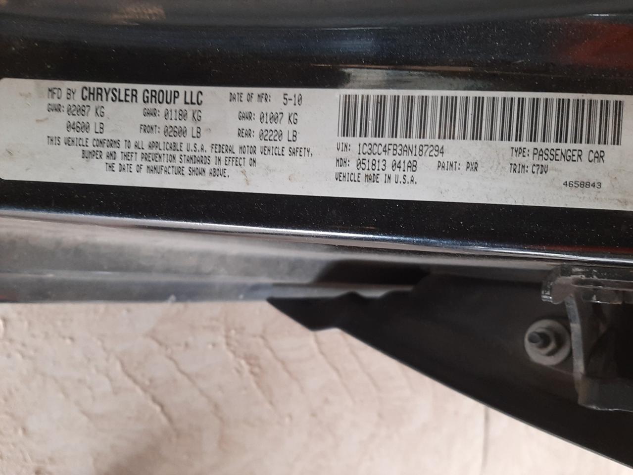 Photo 10 from auction – 2010 CHRYSLER SEBRING TO with VIN 1C3CC4FB3AN187294