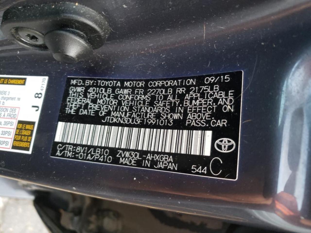Photo 10 from auction – 2015 TOYOTA PRIUS with VIN JTDKN3DU3F1991013
