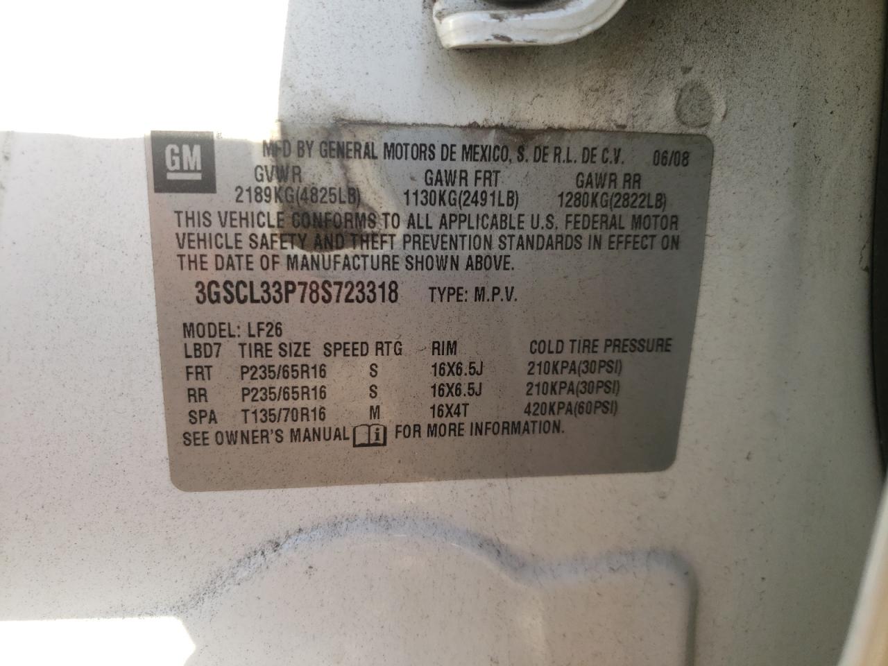 Photo 10 from auction – 2008 SATURN VUE XE with VIN 3GSCL33P78S723318