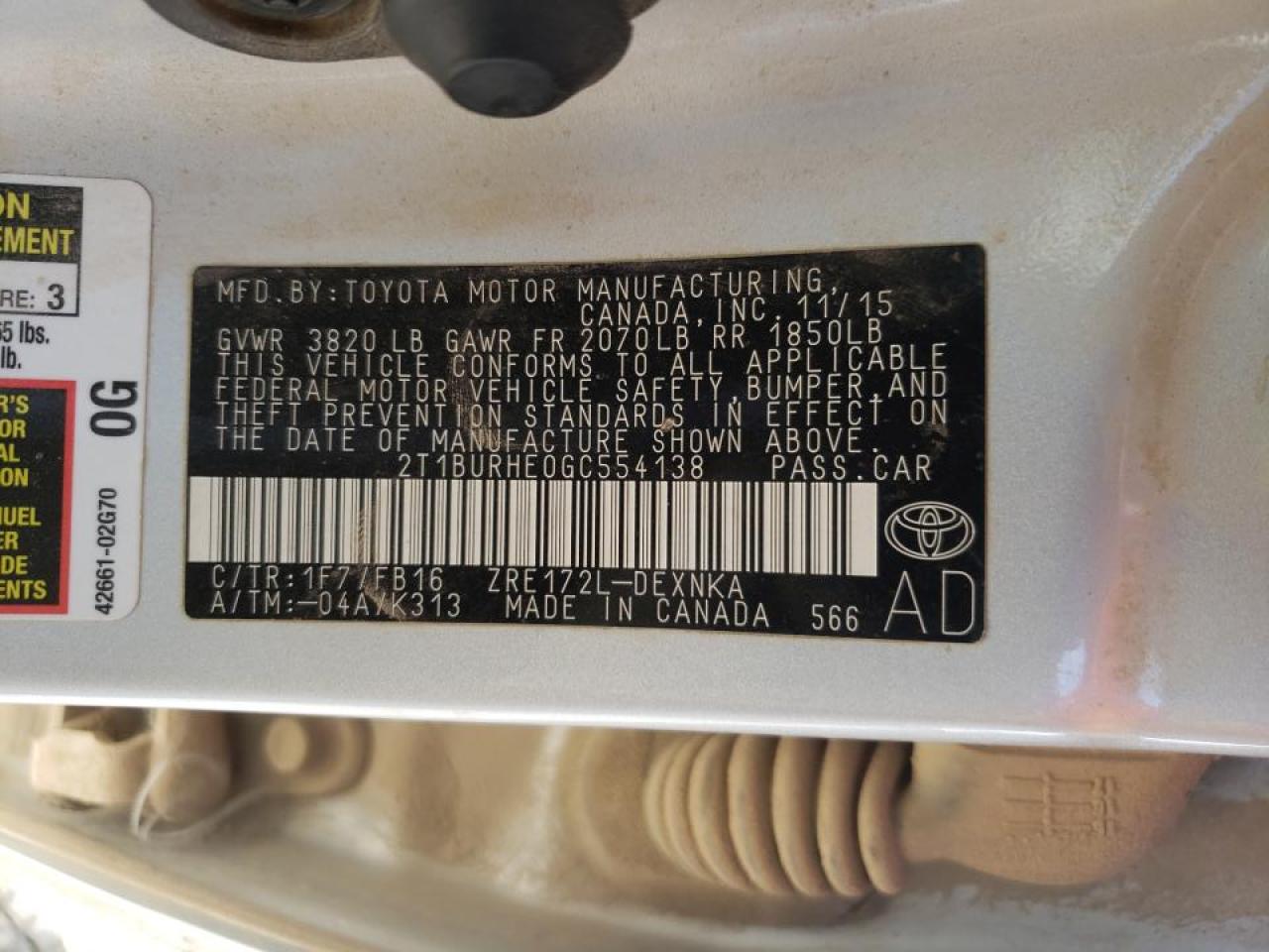 Photo 10 from auction – 2016 TOYOTA COROLLA L with VIN 2T1BURHE0GC554138