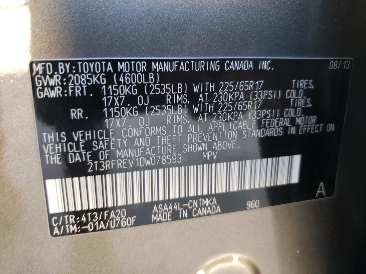 Photo 10 from auction – 2013 TOYOTA RAV4 XLE with VIN 2T3RFREV1DW078593